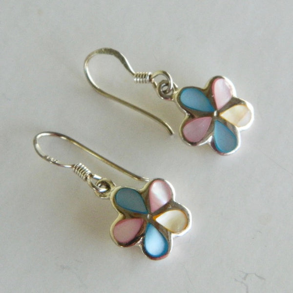Authentic Sterling Silver Inlaid Mother of Pearl Flower Dangle Earrings